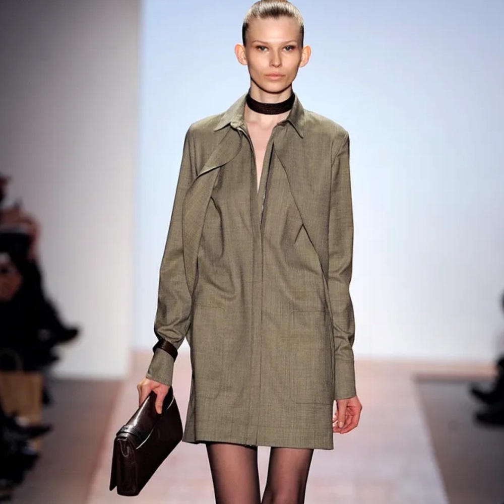 Max Azria olive button down capelet dress